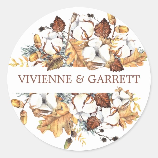 Sticker Rond Blanc Floral Automne Feuilles Mariage (Devant)