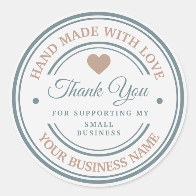 Sticker Rond Blanc moderne fait à la main avec amour | merci (Devant)