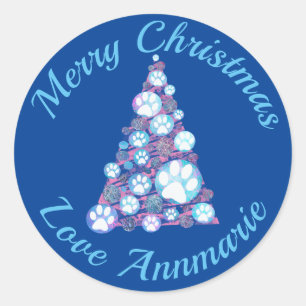 Sticker Rond Blanc Paw Rose et Bleu Arbre de Noël Bleu