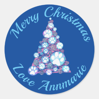 Sticker Rond Blanc Paw Rose et Bleu Arbre de Noël Bleu