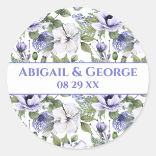 Sticker Rond Blanc Perwinkle Florals Purple Mariage Favoriser