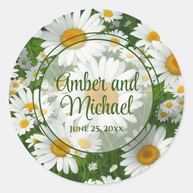 Sticker Rond Blanc printemps floral blanc marguerites verdure (Devant)