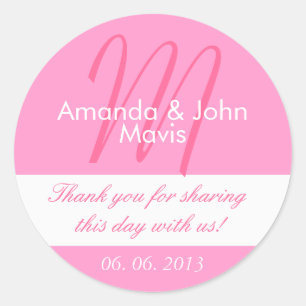 Sticker Rond Blanc rose Simple Mariage initial Favoriser Merci