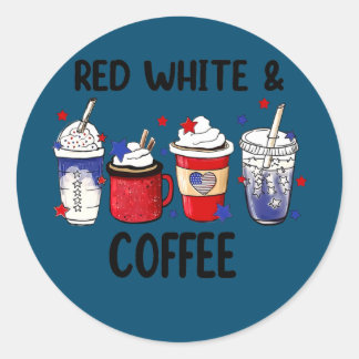 Sticker Rond Blanc Rouge Café Drôle 4 juillet Amateurs de café