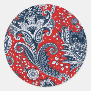Sticker Rond Blanc rouge et bleu Floral Paisley Bohemian Boho