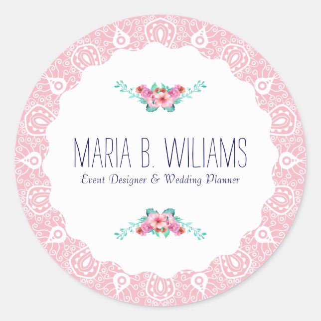 Sticker Rond Blanc Sur Dentelle Rose Accent Floral Bouquet (Devant)