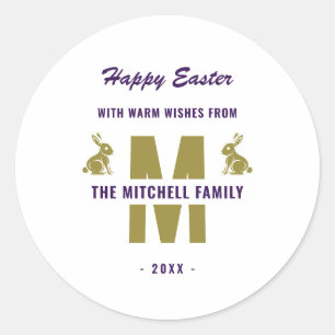 Sticker Rond Blanc violet or Nom du monogramme Joyeux lapin de