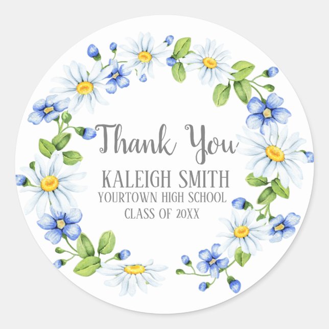 Sticker Rond Blancs Fleurs Bleues Graduation (Devant)