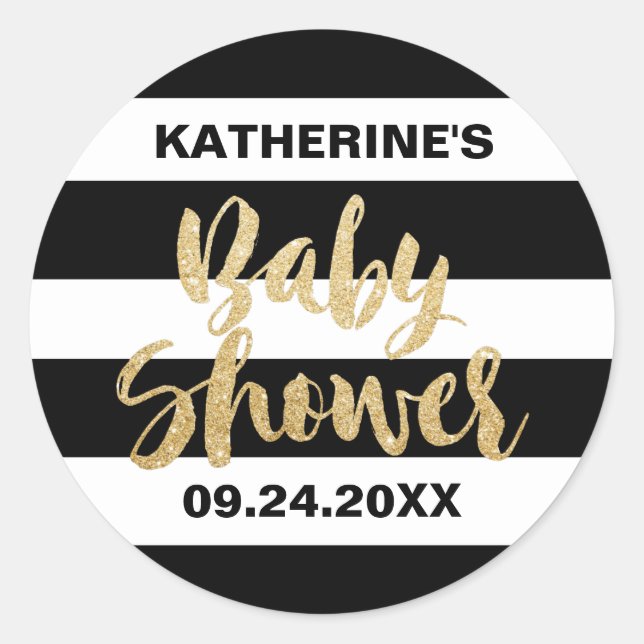 Sticker Rond Blancs noirs et Baby shower de texte or (Devant)