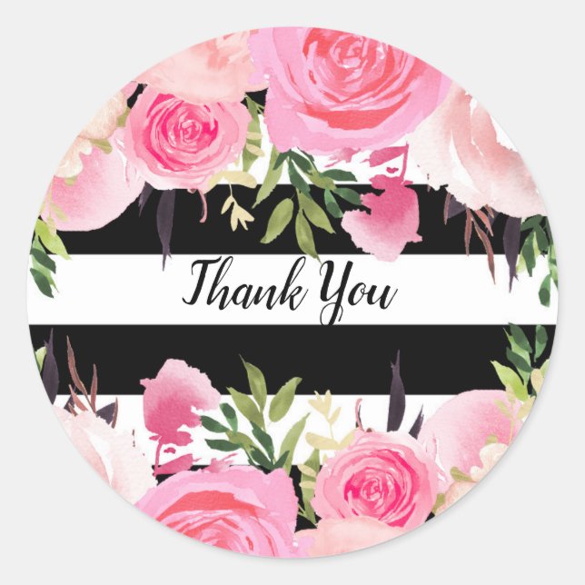 Sticker Rond Blancs noirs Fête des mariées florale rose (Devant)