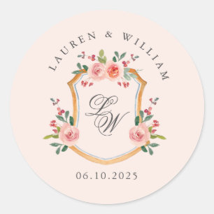 Sticker Rond Blason avec monogramme rose mariage 