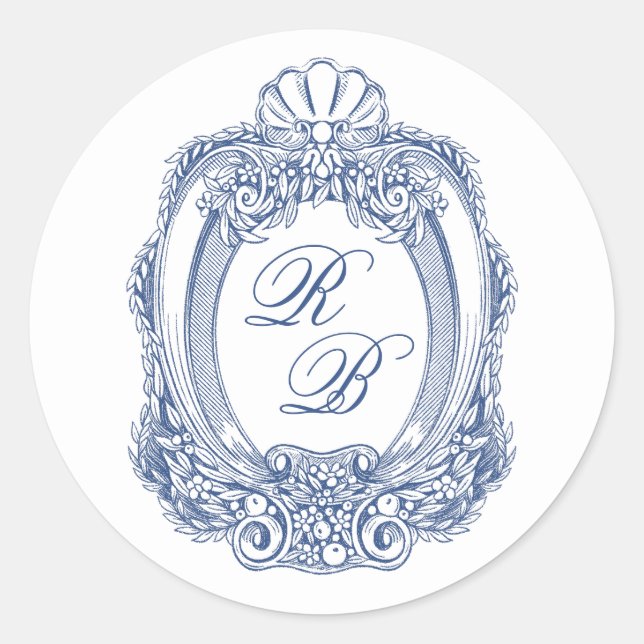 Sticker Rond Blason Baroque Bleu Français Initiales Mariage Ant (Devant)