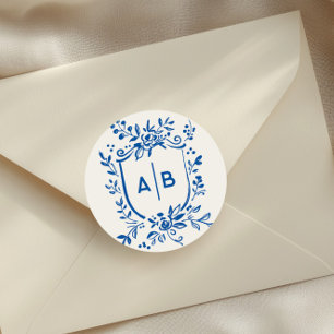 Sticker Rond Blason Botanique Bleu Français Monogramme de Maria