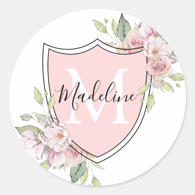 Sticker Rond Blason de monogramme de nom de roses roses (Devant)