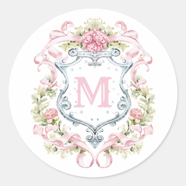 Sticker Rond Blason Floral Grandmillennial Monogramme | Mariage (Devant)