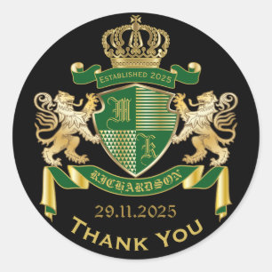 Sticker Rond Blason Monogrammé Merci Vêtements Vert Or Griffon