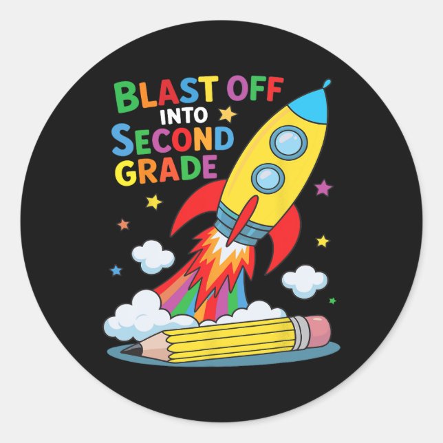 Sticker Rond Blast Off Into Second Grade First Day Of School  (Devant)