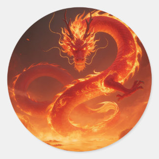 Sticker Rond Blazing Fire Dragon | Mythical Flame Dragon Fantas