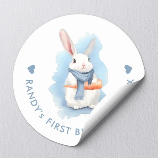 Sticker Rond Bleu adorable Lapin Anniversaire Pâques Aquarelle (Créateur téléchargé)