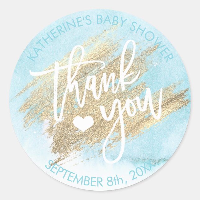 Sticker Rond Bleu Aquarelle Or Brush Baby shower (Devant)