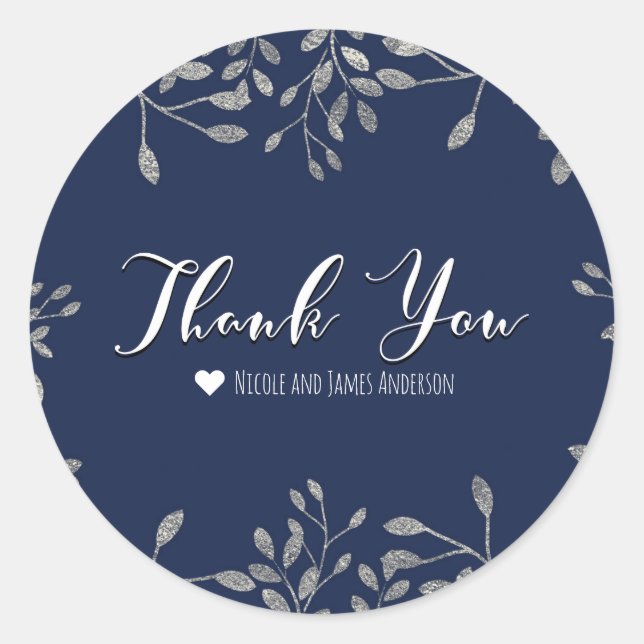 Sticker Rond Bleu & Argent Botanique Moderne Mariage Favoriser (Devant)