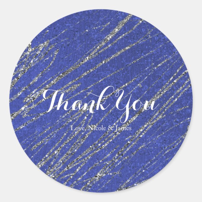 Sticker Rond Bleu & Argent Moderne Glam Marbre Frappe (Devant)