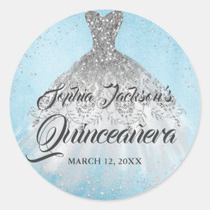 Sticker Rond Bleu argenté diamant étincelle Quinceanera