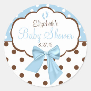 Sticker Rond Bleu Avec Baby shower Pois Brown