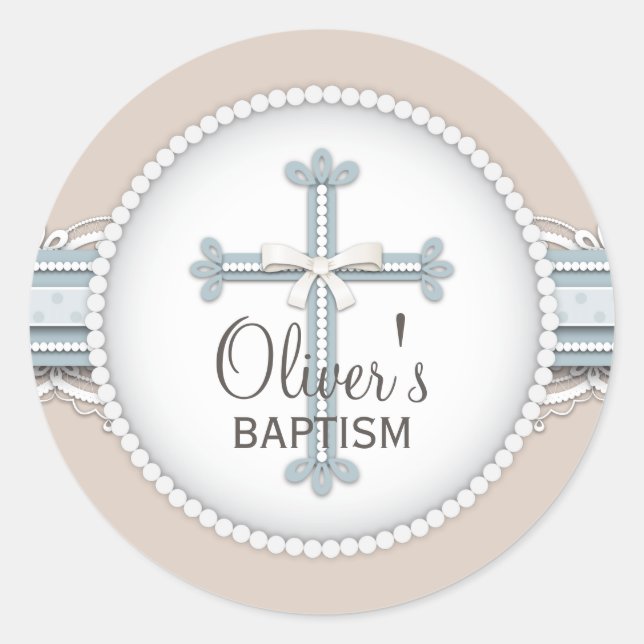 Sticker Rond Bleu bébé | Croix de célébration religieuse beige (Devant)