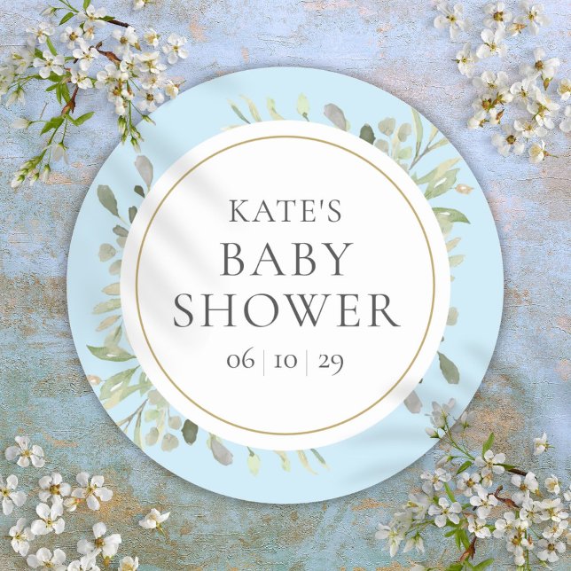 Sticker Rond Bleu Bébé Garçon Douche Aquarelle Verdure Feuille (Blue Baby Boy Shower Watercolour Greenery Leaves Classic Round Sticker)