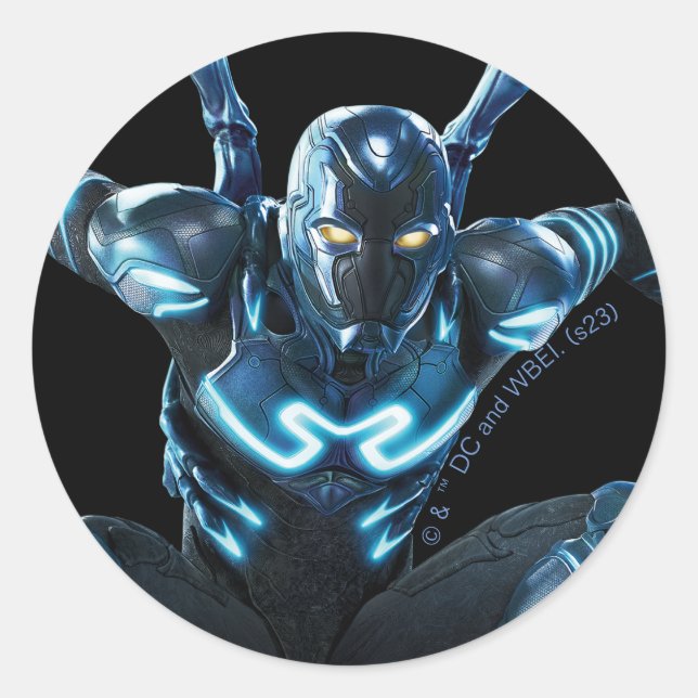 Sticker Rond Bleu Beetle Leaping Caractère Art (Devant)