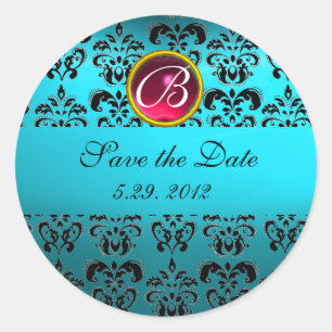 Sticker Rond BLEU BLACK DAMASK MONOGRAM, rouge rubis turquase
