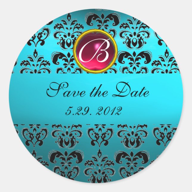 Sticker Rond BLEU BLACK DAMASK MONOGRAM, rouge rubis turquase (Devant)