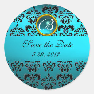 Sticker Rond BLEU BLACK DAMASK MONOGRAM, turquase aquamarine