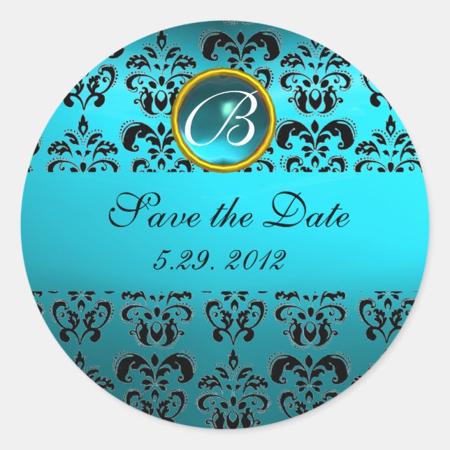 Sticker Rond BLEU BLACK DAMASK MONOGRAM, turquase aquamarine (Devant)