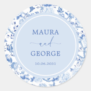 Sticker Rond Bleu Blanc Chinoiserie Floral Mariage côtier