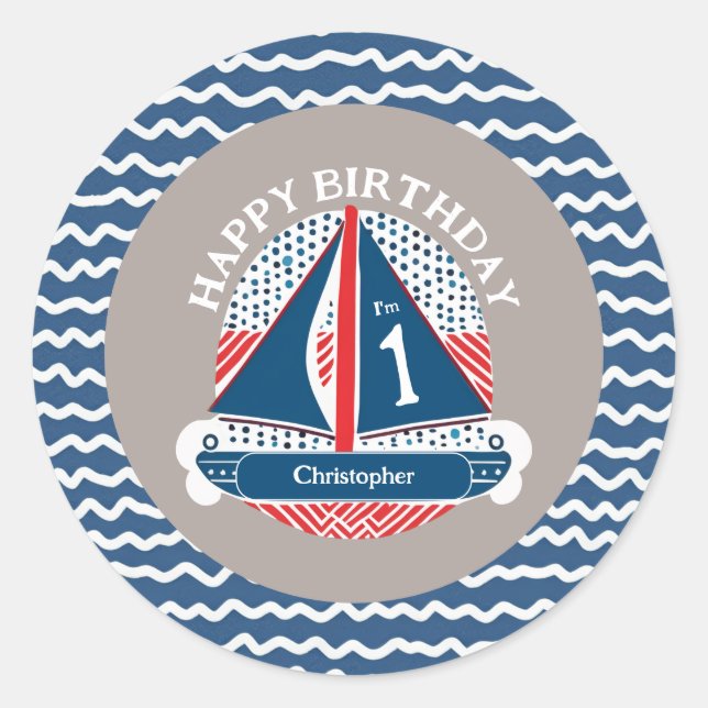 Sticker Rond Bleu blanc et bleu Nautique voilier Anniversaire (Devant)