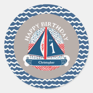 Sticker Rond Bleu blanc et bleu Nautique voilier Anniversaire