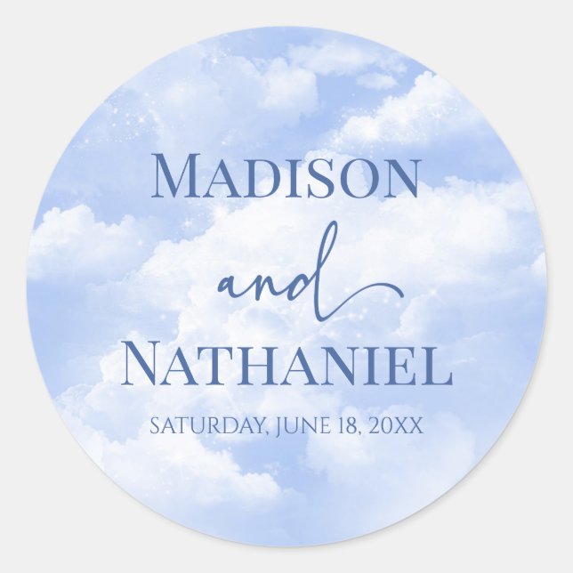 Sticker Rond Bleu Blanc Étincelle Nuages Rêveur Élégant Mariage (Devant)