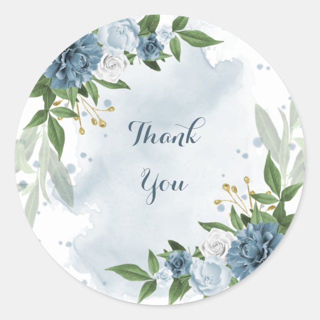 Sticker Rond bleu blanc fleuri vert merci (Devant)