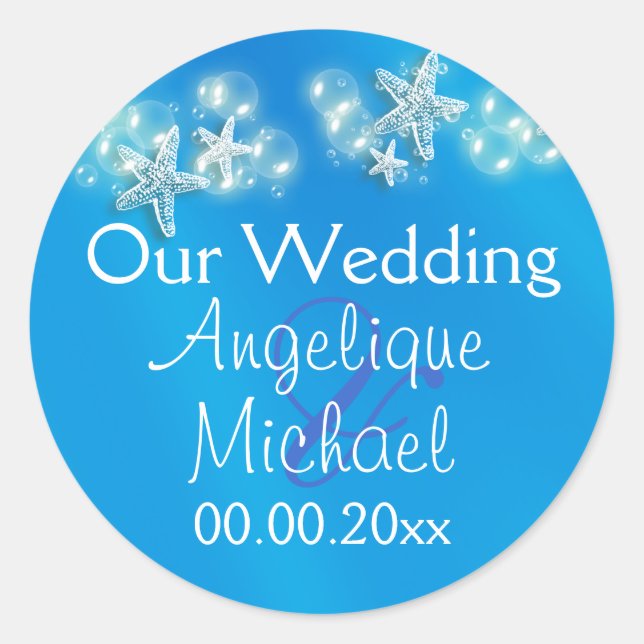 Sticker Rond Bleu blanc mariage d'étoiles de mer (Devant)