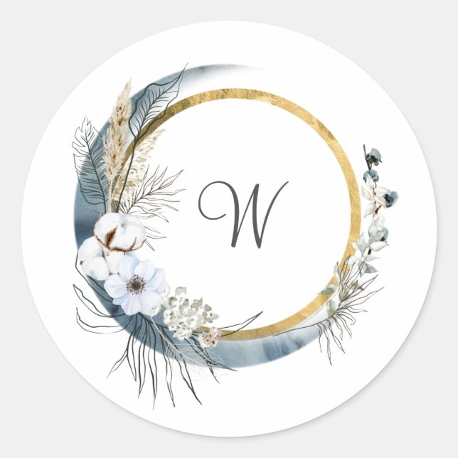 Sticker Rond Bleu Blanc or Floral Monogramme Mariage Boho (Devant)