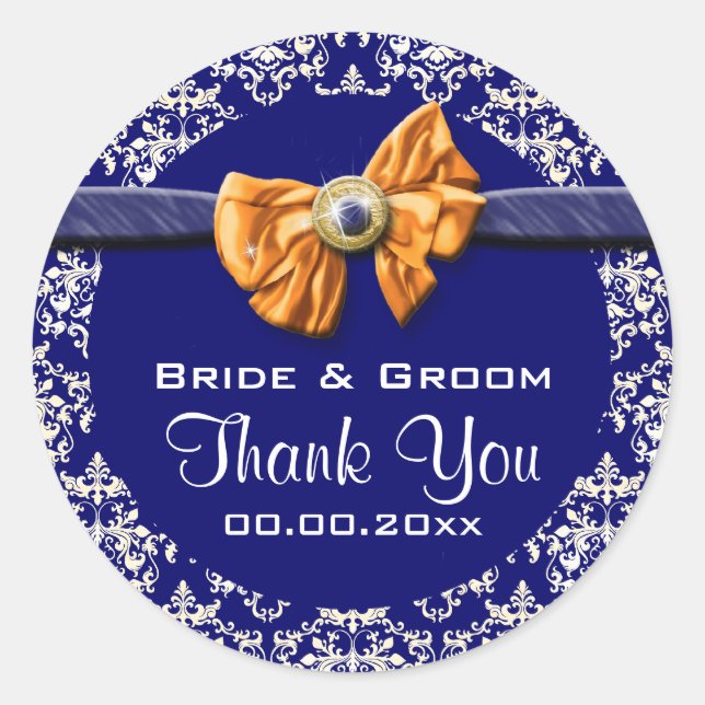 Sticker Rond Bleu blanc orange damassé élégant (Devant)