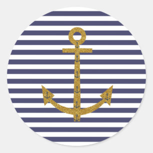 Sticker Rond Bleu Blanc rayures Or Anchor Glitor Impression