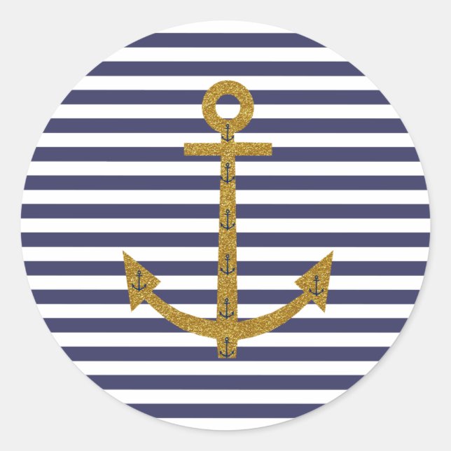 Sticker Rond Bleu Blanc rayures Or Anchor Glitor Impression (Devant)