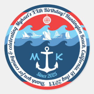 Sticker Rond Bleu blanc rouge de bateau nautique d'Ancre de
