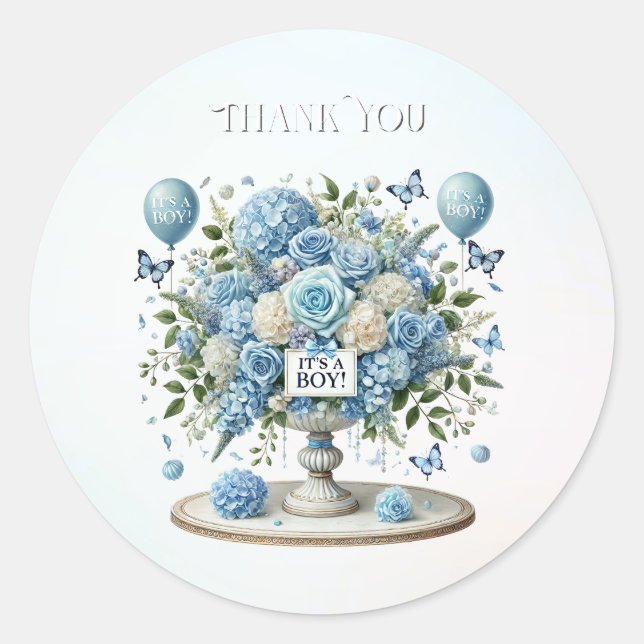 Sticker Rond Bleu Blanc Vase Floral (Devant)
