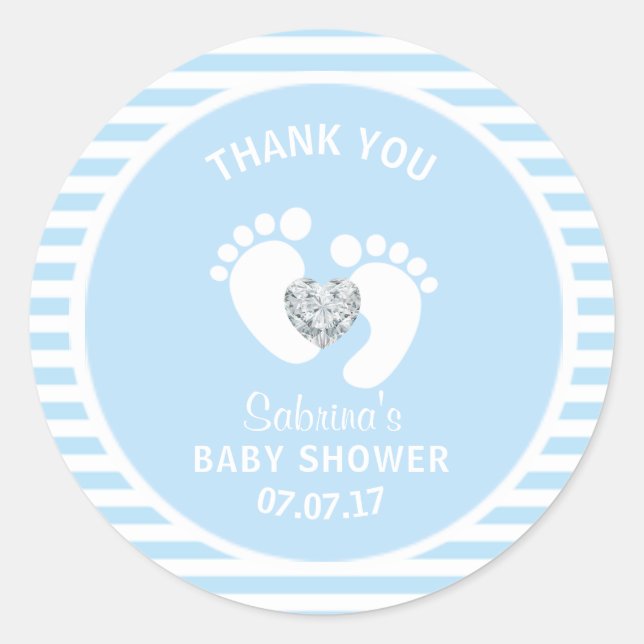 Sticker Rond Bleu Bleu Blancs Grille Pieds Coeur Baby shower ga (Devant)