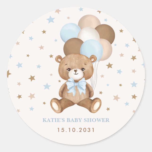 Sticker Rond Bleu bleu Brown Ours en Teddy Ballons bébé Garçon (Devant)