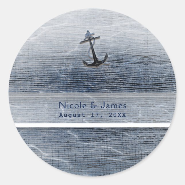 Sticker Rond Bleu Bois Élégant Nautique Fiançailles de mer (Devant)